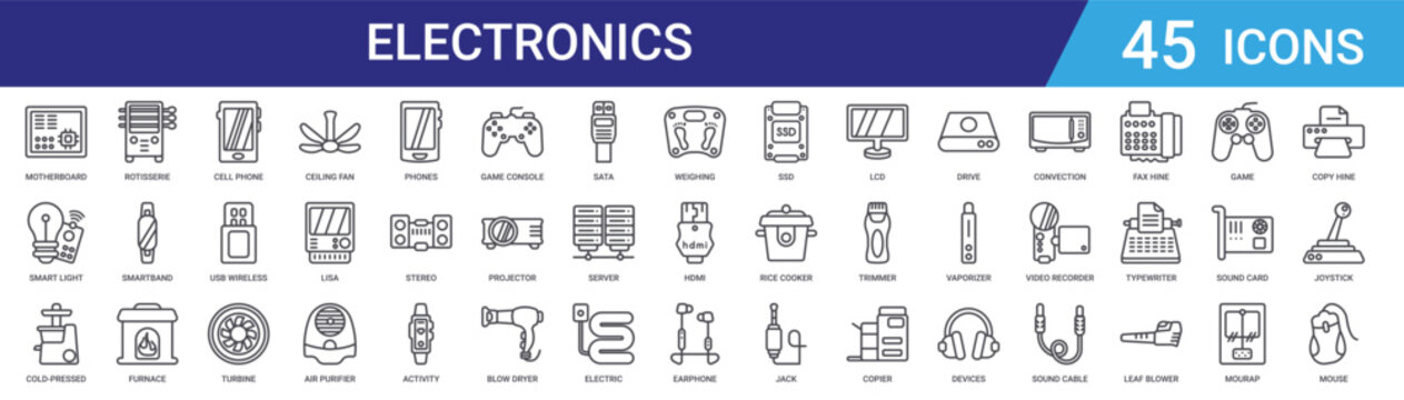 Set of 45 outline electronics and appliances icons including ceiling fan, turbine, cell phone, smartband, furnace. Thin line vector symbols for web and mobile