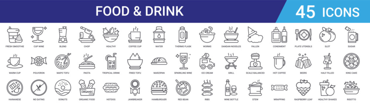 Set of 45 outline food and beverage icons including donuts, tofu, wine, coffee, noodles, desserts. Line vector collection for web, mobile app, UI design