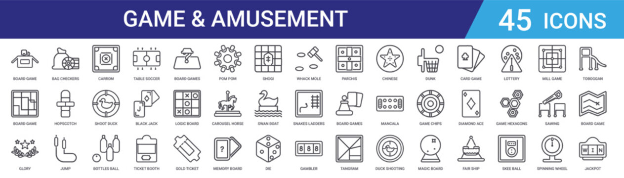 Set of 45 outline game and amusement icons including table soccer, carrom, lottery, board games, arcade games vector icons for web design and mobile app