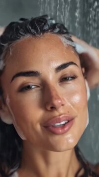 Beautiful young brunette using shampoo to wash her hair under the shower