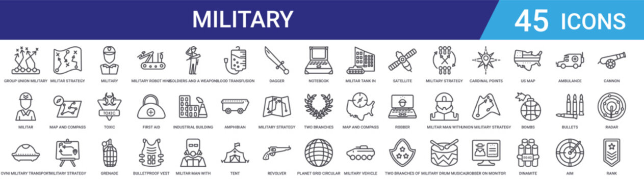 Set of 45 outline military and war vector icons including weapons, equipment, strategy, vehicles, and combat symbols for web design and mobile applications