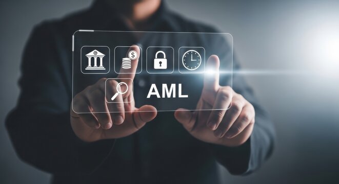 Anti money laundering concept with businessman holding transparent screen