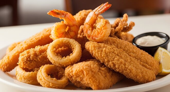 A mouthwatering platter of assorted deep-fried seafood, featuring crispy calamari rings, succulent shrimp, and golden fish fillets, served with a side of creamy dipping sauce and a lemon wedge