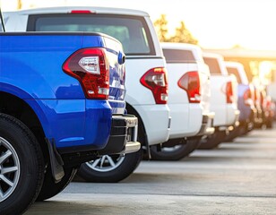 Rows of colorful trucks in a parking lot at sunset