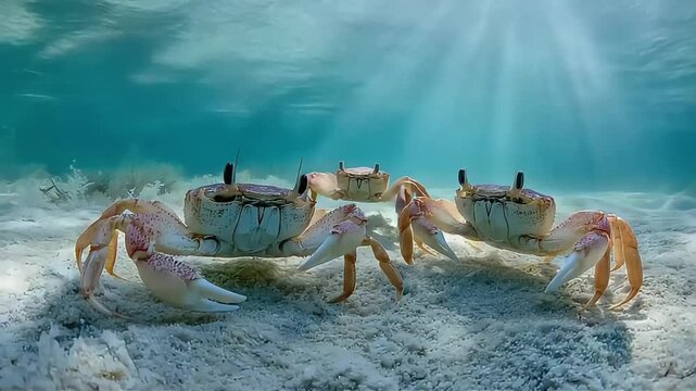 A serene underwater scene with crabs exploring the ocean floor, perfect for nature documentaries or travel websites.
