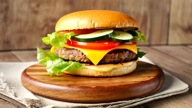 Delicious classic cheeseburger with grilled patty, melted cheese, crisp lettuce, ripe tomato, fresh cucumber, served on rustic wooden board. A satisfying meal