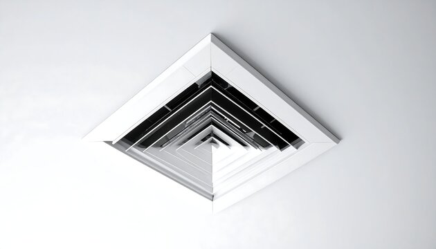 Angled shot of a square ceiling vent with nested frames and linear grilles against a white surface