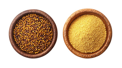 Two wooden bowls of mustard seeds and powder on transparent background for ramadan ifter