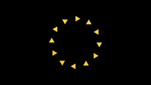 A circular arrangement of yellow triangles on a black background, creating a dynamic visual effect