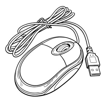Wired Computer Mouse Line Art Illustration Isolated on White Background
