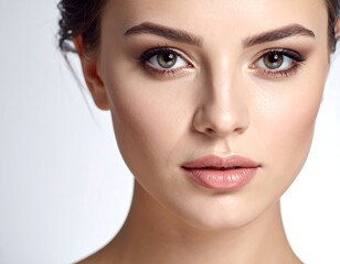 A woman's face with green eyes and brown hair