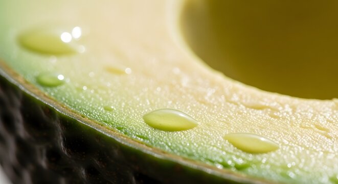 Close-up shot of a juicy avocado half with glistening water droplets on its fresh green flesh, showcasing its healthy texture