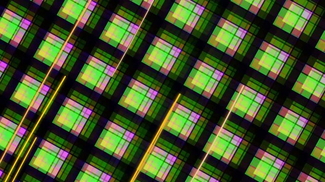 Diagonal bright plaid pattern features green and purple squares.