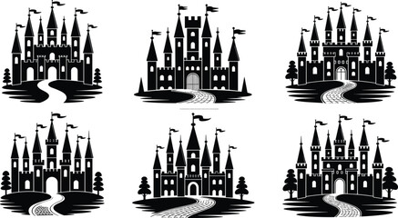 Set of castle silhouettes, fairy tale fortress icons, medieval palace architecture, magic kingdom vector illustration, royal stone tower icons for fantasy design, kingdom logo © Makhon
