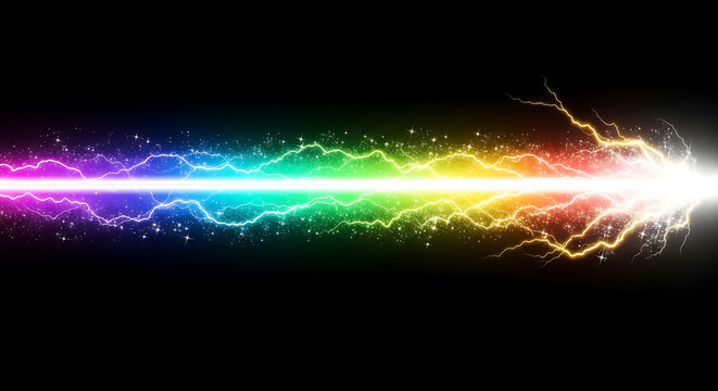 rainbow energy beam electrifying lightning sparkling light on dark background symbolizing high-speed data flow and powerful technology.