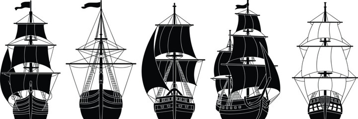 Set of vintage silhouette pirate ships and majestic sailing vessels with detailed masts and rigging, isolated black and white maritime vector illustration collection © Makhon