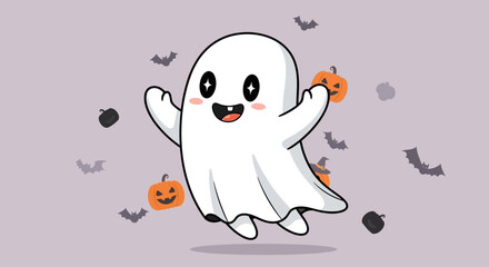 Fototapeta premium Cute cartoon ghost floating happily with pumpkins and bats, Halloween celebration