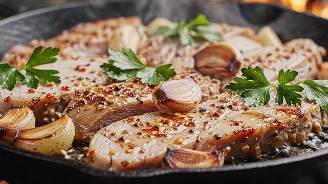 Juicy Pork Chops Sizzling in Cast Iron Skillet with Garlic and Herbs
