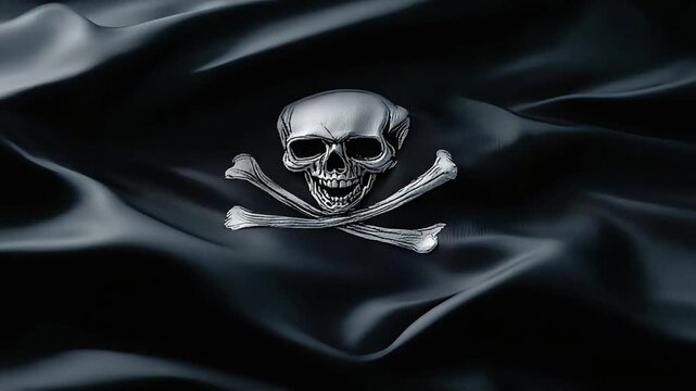 A menacing pirate flag evokes danger and adventure, perfect for themes of rebellion and mystery.