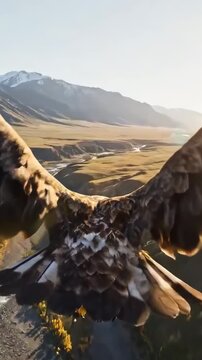 Eagle flying over the valley, a close-up and POV video showing his wings. A concept of hunting the prey and having a success