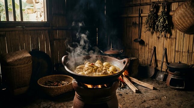 Hot opor ayam served in clay pot in traditional rustic kitchen
