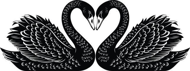 Black swan pair silhouette with heart shaped necks, romantic birds love symbol detailed vector illustration design © Shahin