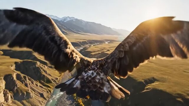 Eagle flying over the valley, a close-up and POV video showing his wings. A concept of hunting the prey and having a success