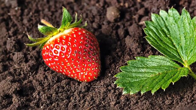 A single ripe strawberry with a vibrant green leaf rests on rich, dark soil, showcasing the beauty of fresh produce