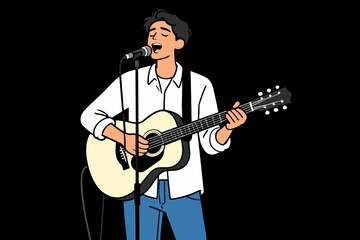 Obraz premium Male singer playing acoustic guitar on stage vector illustration