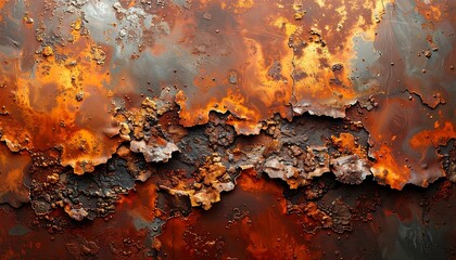 Fototapeta premium Close-up of intensely corroded metal showing orange-brown rust patterns and textures. Jagged edges and dark spots add depth