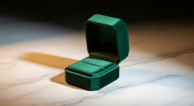 Green velvet jewelry box on marble surface