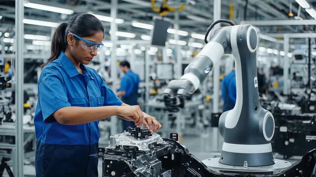A focused female factory worker inspects components alongside a robotic arm, illustrating automation, efficiency, and the future of manufacturing. Ide