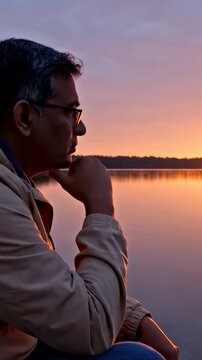 A man sitting on the edge of the cliff looking into the sunset lake. A concept of old age and loneliness