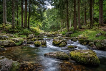 Obraz premium Scenic Forest Stream with Mossy Rocks and Sunlit Canopy Water Flowing over Rocks Under Bright Sun in Green Landscape