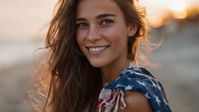 Attractive young American woman patriot wrapped in american flag at scenic sunset with sun flares. Concept of love to your country