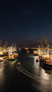 Day-to-night timelapse if industrial international freight port with cargo ships going in and out near loading docks. International commerce and global trade