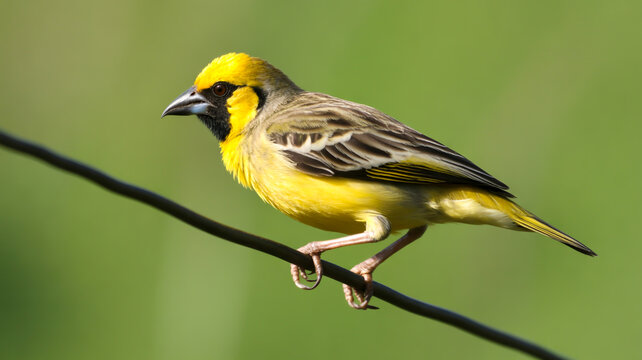 A close-up photograph of a Baya Weaver bird perched on a black wire against a blurred green background.