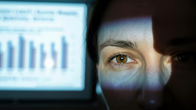 Emotional intelligence leader woman in business meeting focused on data chart projection light