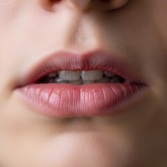 Fototapeta premium A close-up view of a woman's lips with pink lipstick and slightly parted mouth revealing white teeth