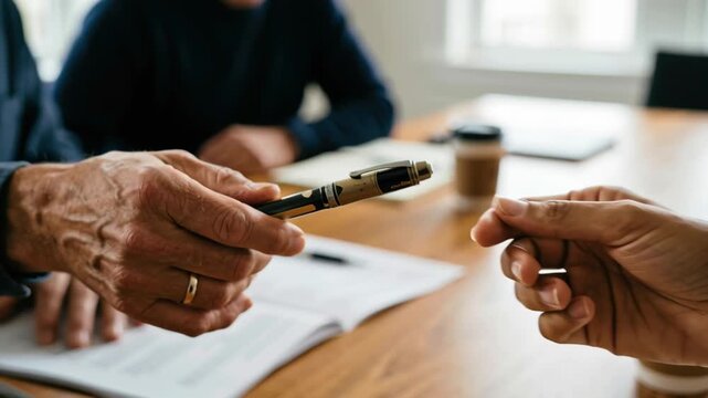 Business meeting emotional intelligence leader teamwork handshake trust gesture pen exchange