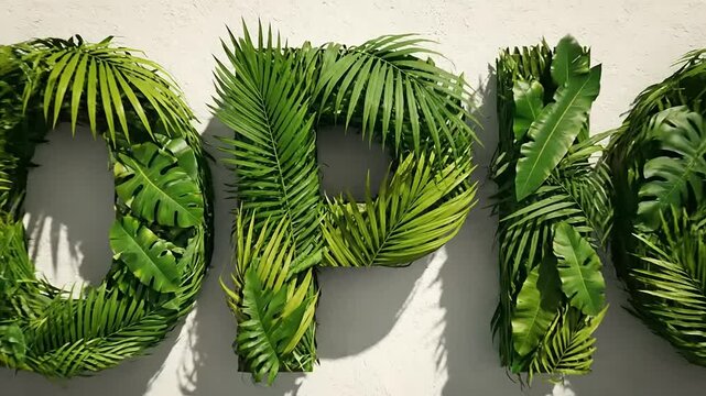 Tropical Leaves Forming Text on White Background.