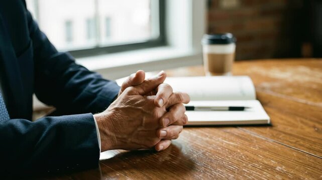 Emotional intelligence leader business meeting hands clasped folded on wooden table