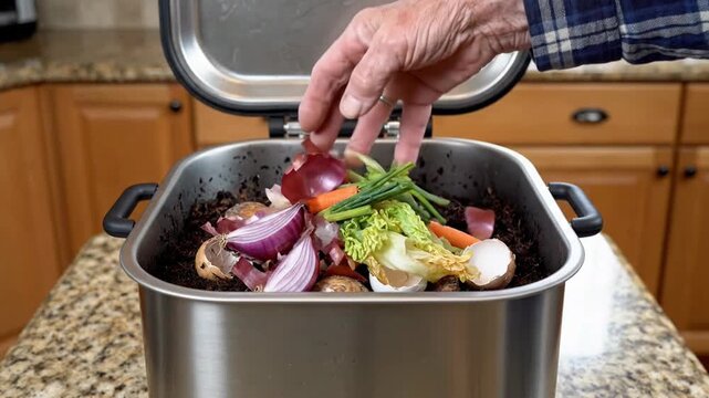 Composting Vegetable Scraps in Kitchen.