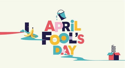April Fools Day banner in playful typography with colorful letters and whimsical illustrations for holiday greeting © Any