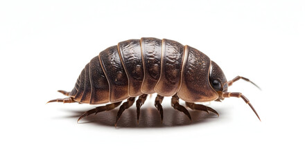 Isopod crustacean, also known as woodlouse or pill bug, isolated on white background, showcasing its armored shell and multiple limbs.