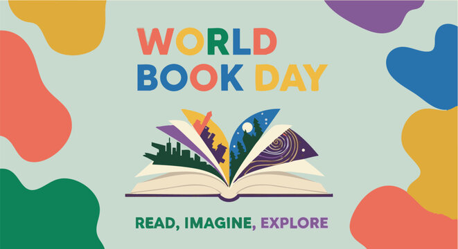 World Book Day illustration with open book and colorful shapes in playful vibrant colors for education