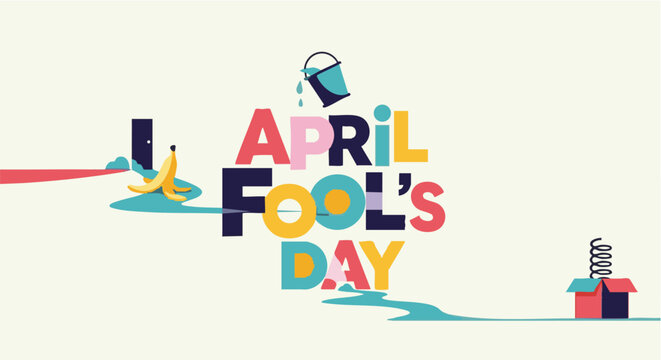 April Fools Day banner in playful typography with colorful letters and whimsical illustrations for holiday greeting