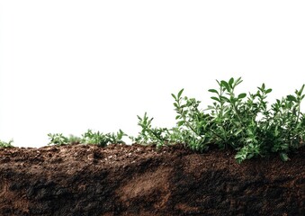 Section view of earth with sprouting green plants against a clean, white background