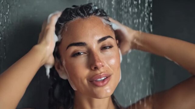 Beautiful young brunette using shampoo to wash her hair under the shower