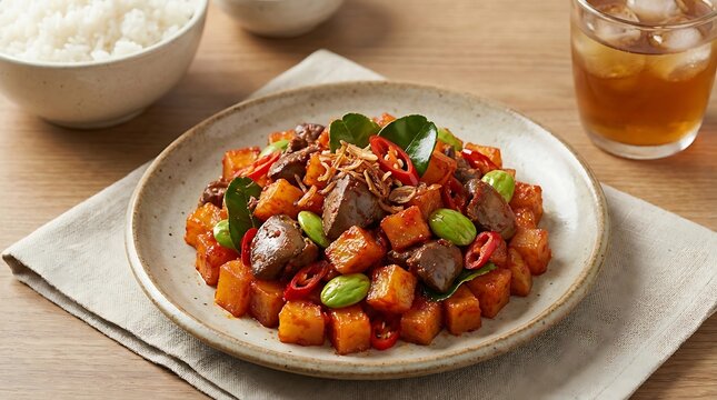 Plate of spicy diced potatoes and liver sambal goreng ati with petai